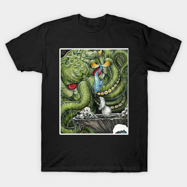 Cthulhu Feeding Ferret - White Outlined Version T-Shirt by Nat Ewert Art